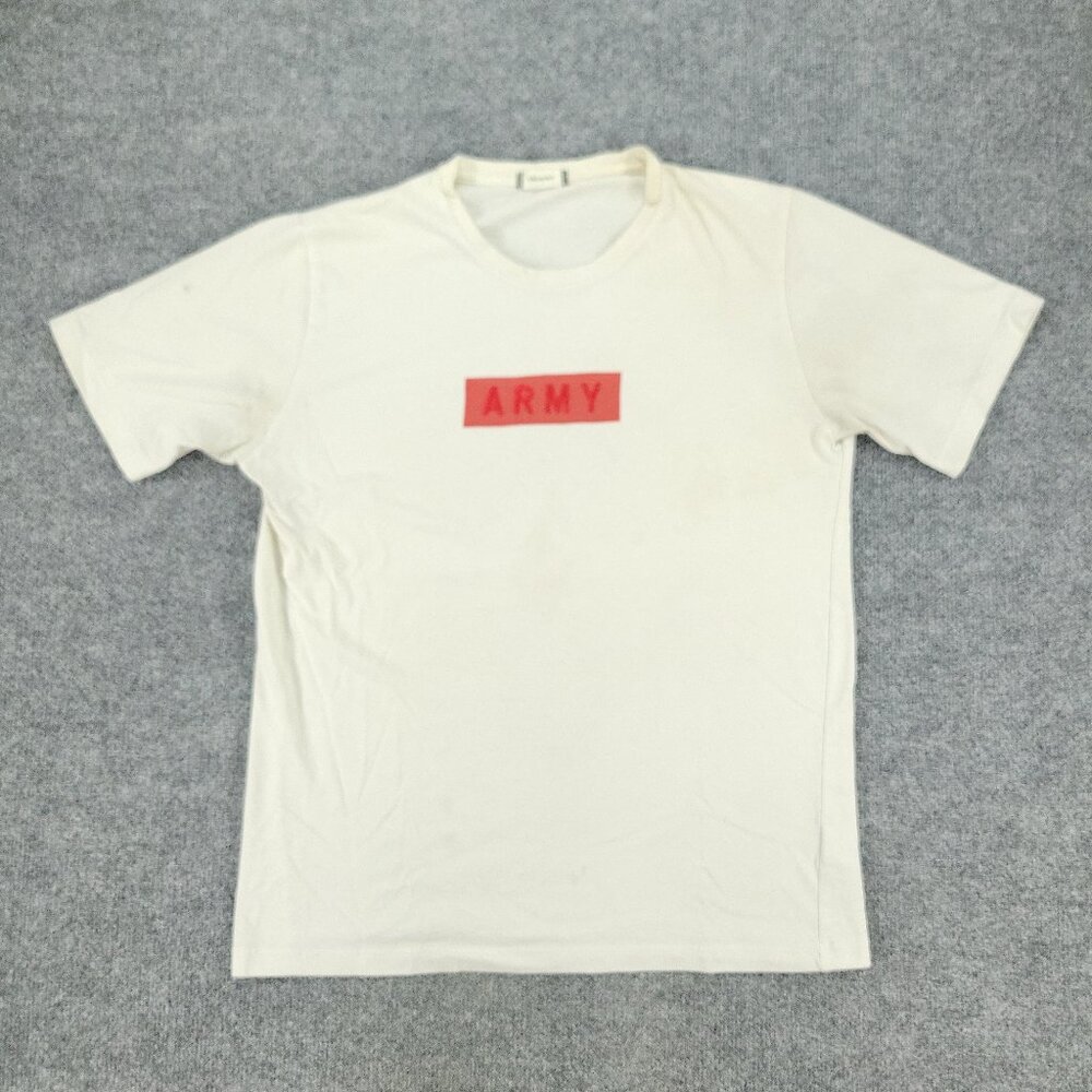 Army Shirt Men Large Beige Embroidered Graphic Tee Crew Neck Short Sleeve Adult